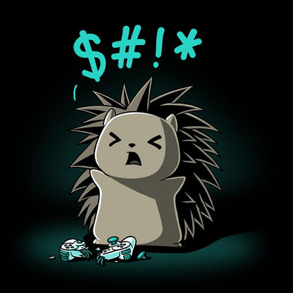 A cartoon porcupine with an angry expression stands next to broken alarm clocks, with "$#!*" symbols above its head indicating frustration. This scene is captured perfectly on a black monsterdigital Ragequit t-shirt, made from super soft ringspun cotton.