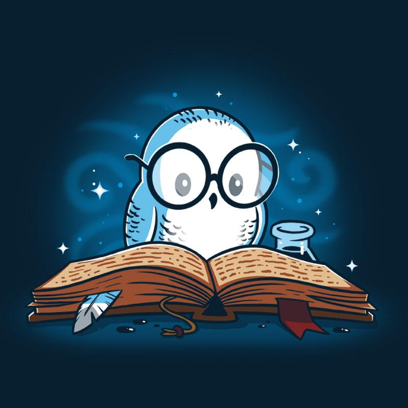 An adventurous owl is reading the "Reading is Magical" book by TeeTurtle.