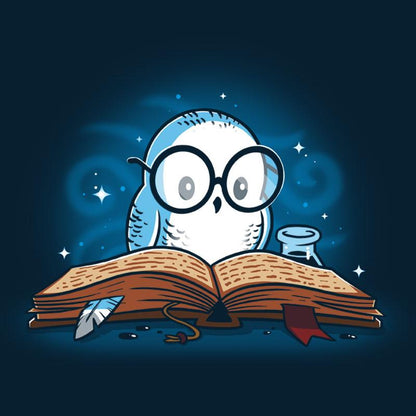 An adventurous owl is reading the "Reading is Magical" book by TeeTurtle.