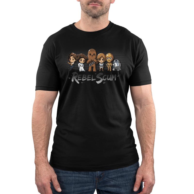 An officially licensed black Rebel Scum t-shirt with a group of Star Wars characters, including Han Solo.