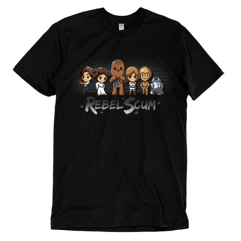 A officially licensed Rebel Scum T-shirt featuring characters from Star Wars in a galaxy themed design.