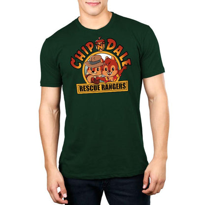 A man wearing a green t-shirt featuring Chip 'n Dale: Rescue Rangers from Disney.