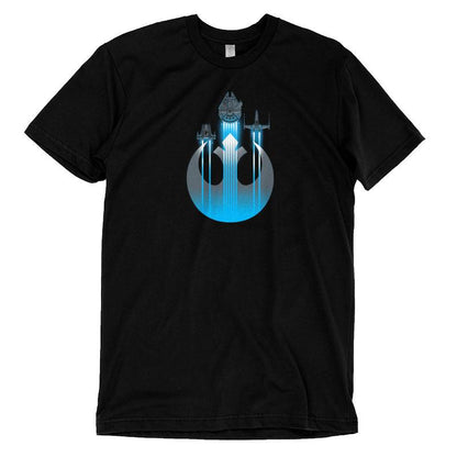 A licensed black t-shirt with a Star Wars logo on it, made of super soft cotton featuring the Resistance Ships brand.