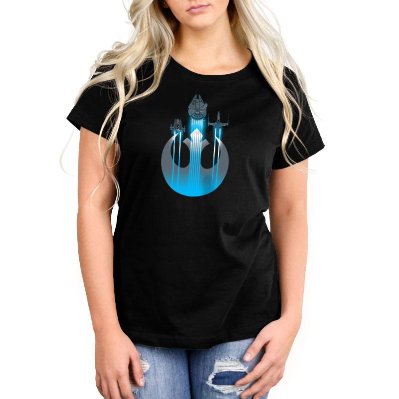 A women's black t-shirt with a Star Wars logo of Resistance Ships on it, made from super soft cotton.