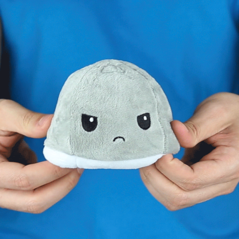 A person holding a TeeTurtle Reversible Ball Plushie (Stormcloud + Rainbow) with a sad face.