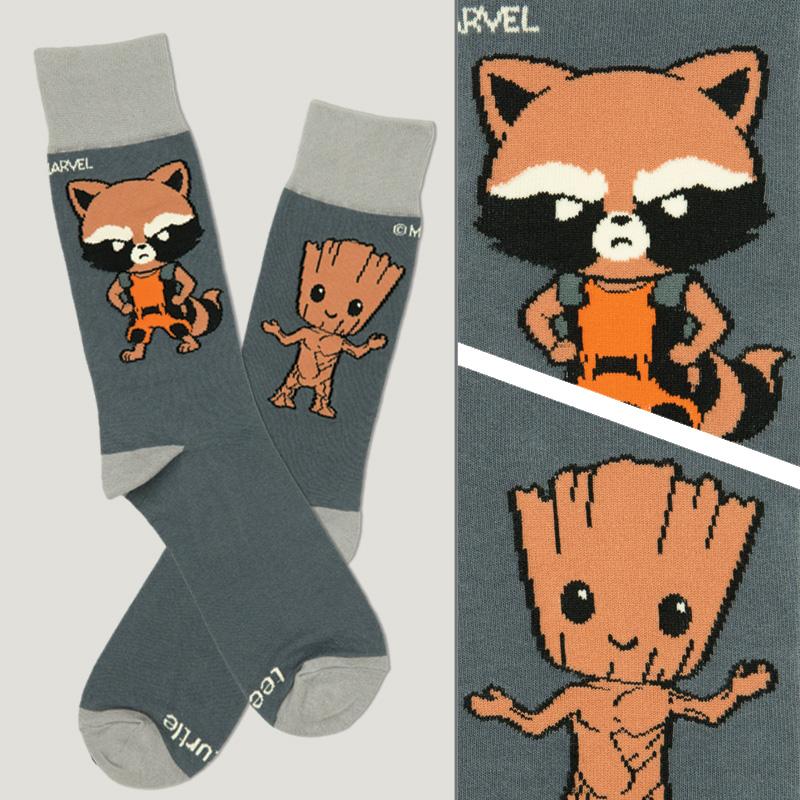 Officially licensed Marvel Rocket & Groot socks featuring a raccoon image.