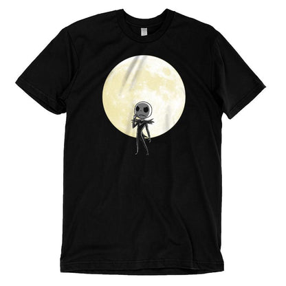 A black t-shirt featuring an officially licensed image of a man standing in front of a full moon from Nightmare Before Christmas, the Shadow on the Moon shirt by Disney.