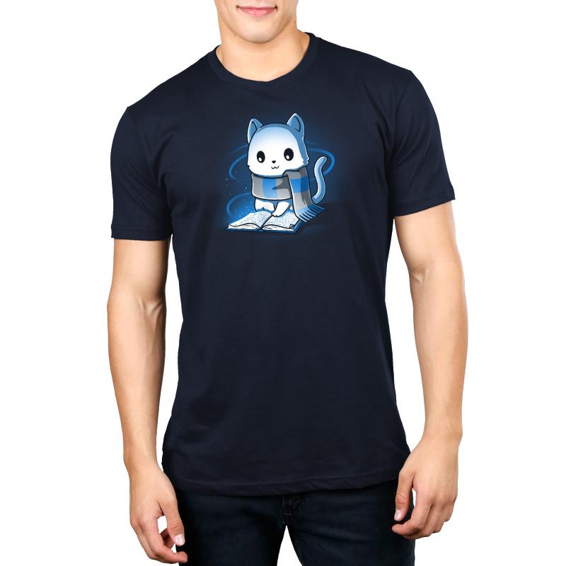 A man wearing a navy blue t-shirt with a TeeTurtle Smart Kitty on it.