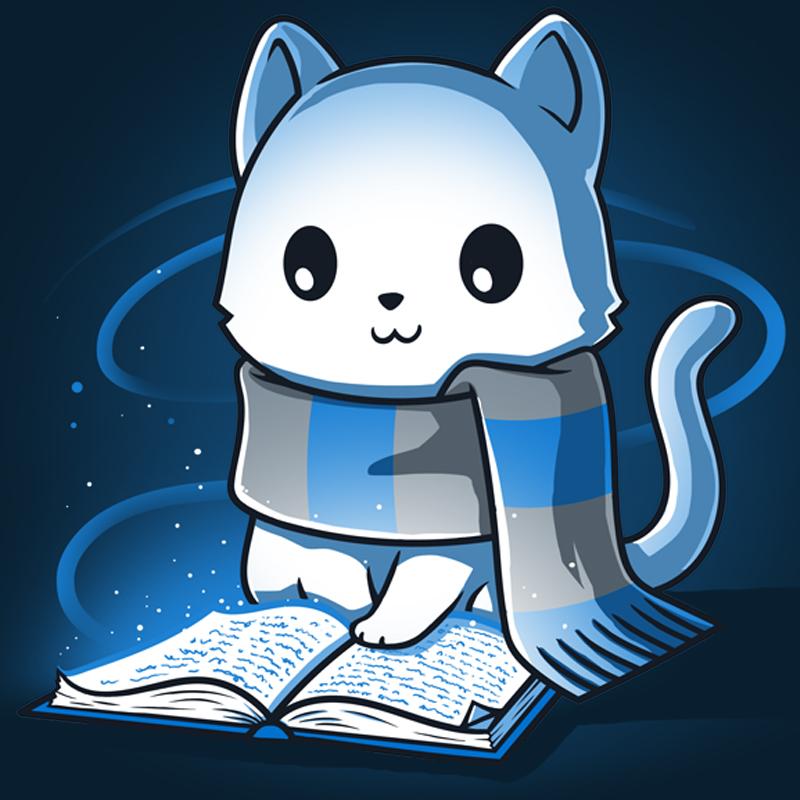 A white cat wearing a scarf reading a book while wearing a TeeTurtle Smart Kitty t-shirt.