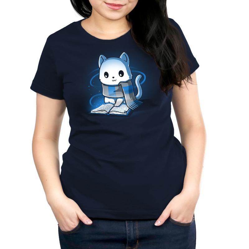 A TeeTurtle Smart Kitty women's t-shirt featuring a smart cat holding a book, in navy blue.