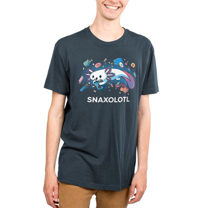 A young man wearing an indigo Snaxolotl t-shirt with a TeeTurtle logo.