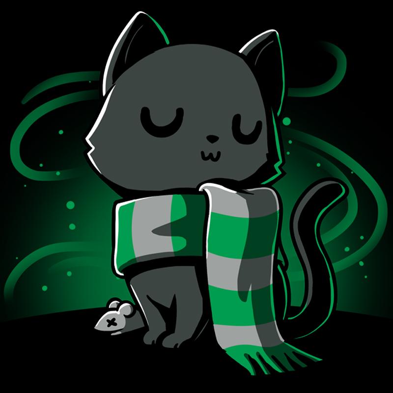 Premium Cotton T-shirt_TeeTurtle black Sneaky Kitty. Featuring a haughty black cat with a silver and green striped scarf.