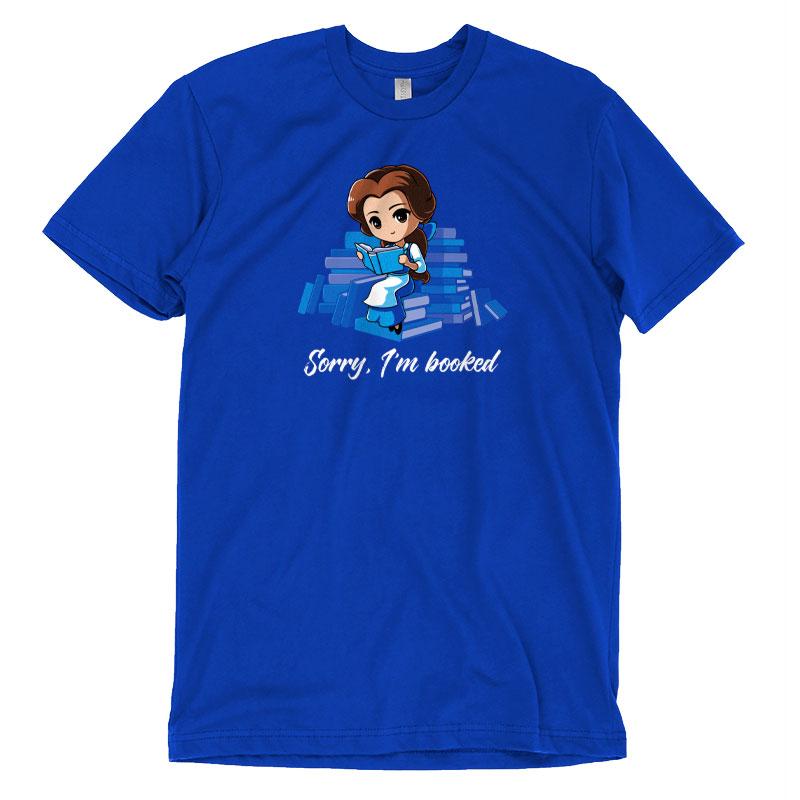 A Disney officially licensed Sorry, I'm Booked (Belle) blue t-shirt featuring an image of a girl holding a book.