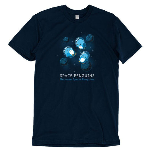 A navy blue Space Penguins tee that says space fantasy by TeeTurtle.
