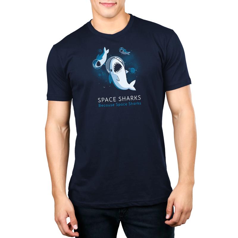 A man sporting a Navy Blue Tee with a "Teeturtle" Space Sharks print.