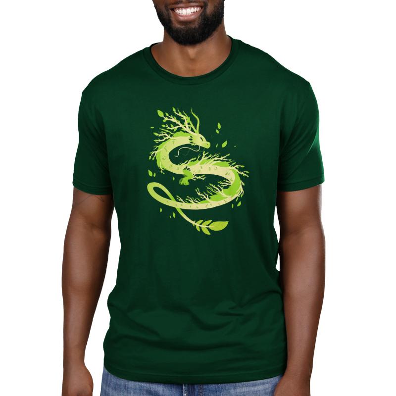 A man wearing a green t-shirt with a TeeTurtle Spring Dragon on it.