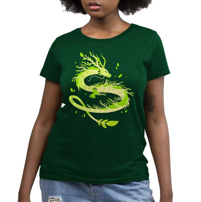 A woman wearing a forest green t-shirt with the TeeTurtle Spring Dragon on it.