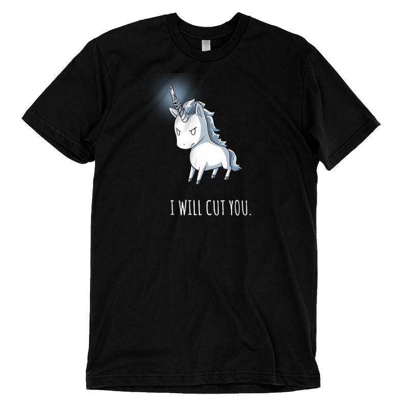A Stabby the Unicorn t-shirt from TeeTurtle that says "I will get you.