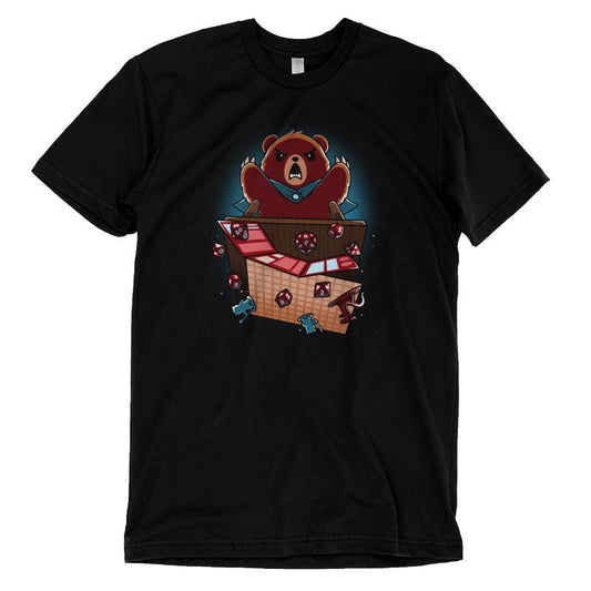 Suddenly... Earthquake made by monsterdigital is a black T-shirt made from super soft ringspun cotton featuring an illustration of an angry bear emerging from a picnic basket with scattered food items.
