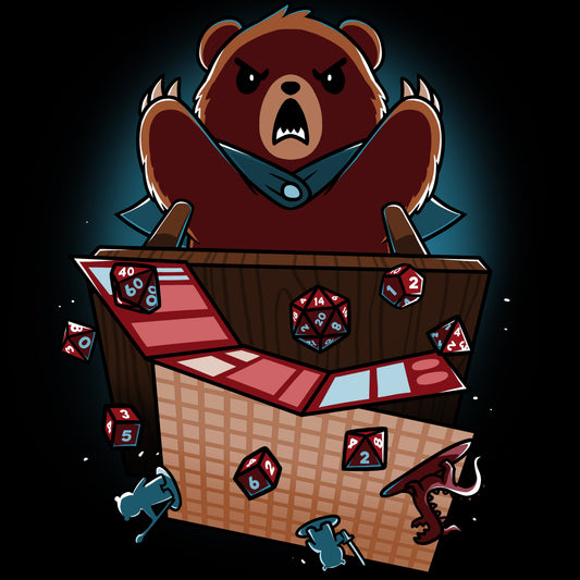 Illustration of an angry bear in a cloak behind a tabletop game board with scattered dice and game pieces, including a miniature dragon. The fierce scene is emblazoned on a black 