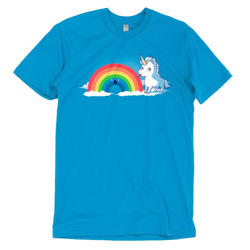 A Tasty Rainbow TeeTurtle t-shirt adorned with a unicorn and rainbow.