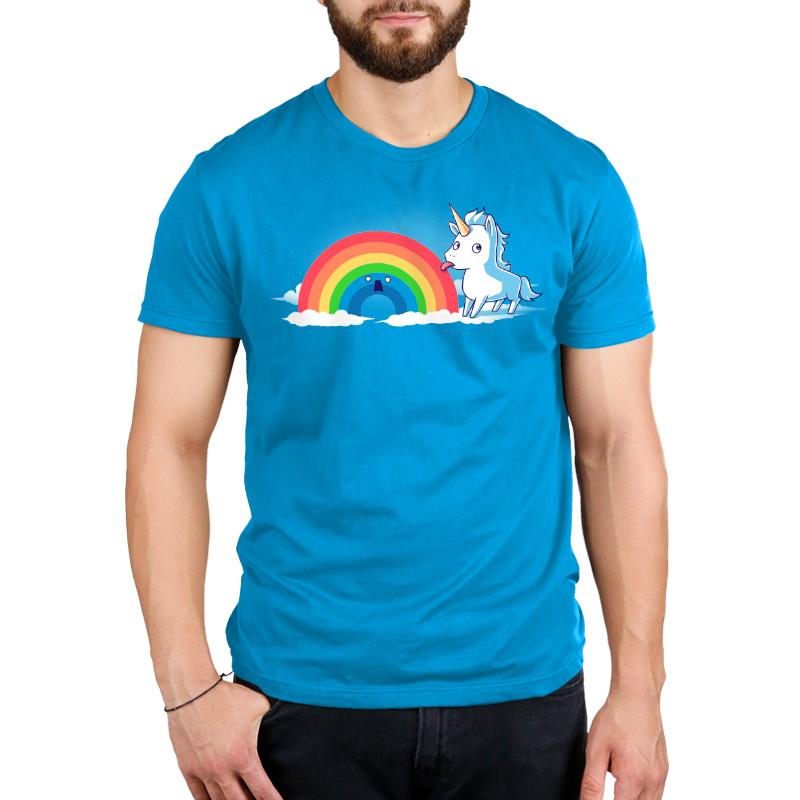 A man wearing a Tasty Rainbow TeeTurtle t-shirt.