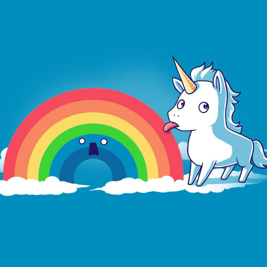 A cartoon unicorn standing next to a cobalt blue TeeTurtle Tasty Rainbow.