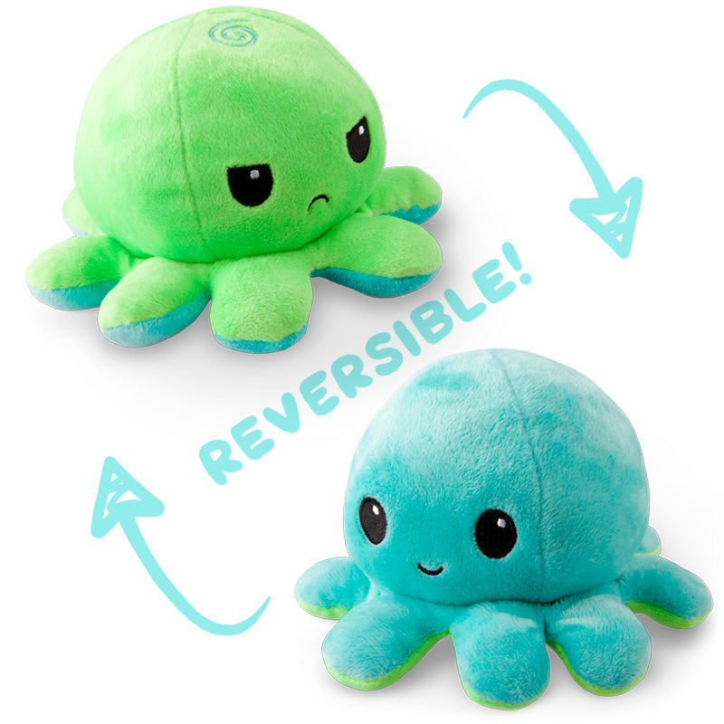 Two TeeTurtle reversible octopus plushies for all your mood plushie needs.