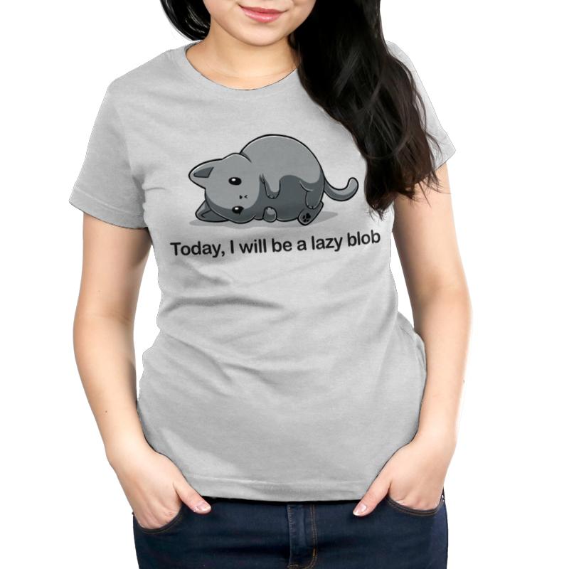 A person wearing a silver monsterdigital t-shirt featuring a cartoon cat illustration and the text "Today I Will Be A Lazy Blob.