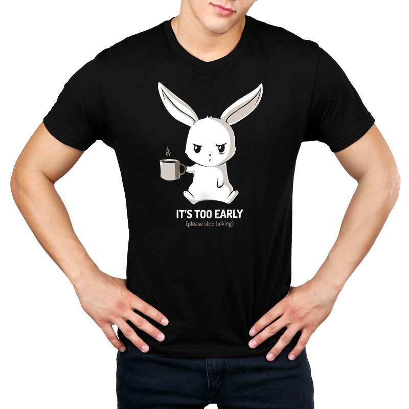 A TeeTurtle "Too Early" T-shirt featuring a bunny holding a cup of coffee, perfect for those too early mornings.