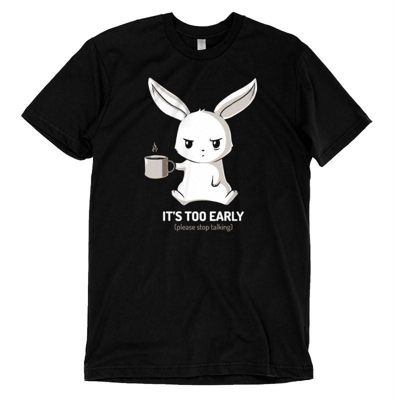 A TeeTurtle "Too Early" t-shirt with a bunny holding a cup of coffee.