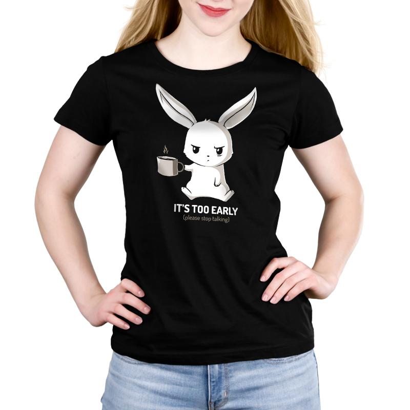 TeeTurtle's Too Early black women's t-shirt features a bunny holding a cup of coffee.