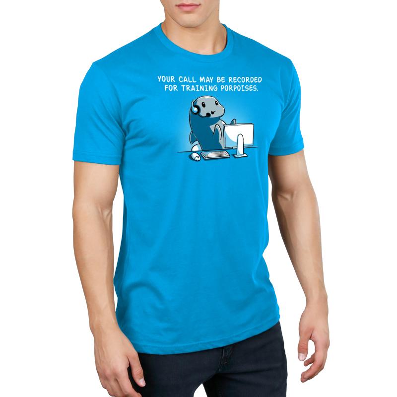 Premium Cotton T-shirt_TeeTurtle cobalt blue Training Porpoises. Featuring a porpoise at a call center informing the customer that their call may be recorded for training porpoises.