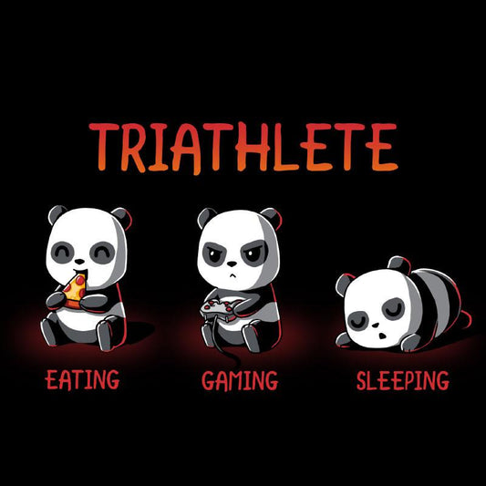 Three TeeTurtle triathlete panda bears wearing t-shirts, eating and sleeping.
