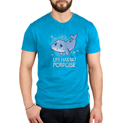 Premium Cotton T-shirt_TeeTurtle Life Has No Porpoise Cobalt Blue t-shirt featuring a cartoon of a whale with a single tear floating in water with the text "Life Has No Porpoise" beneath it.