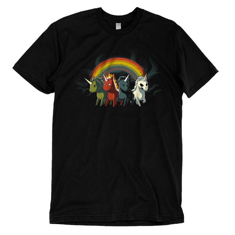 A unique Four Unicorns of the Apocalypse t-shirt by TeeTurtle featuring three whimsical unicorns and a colorful rainbow.