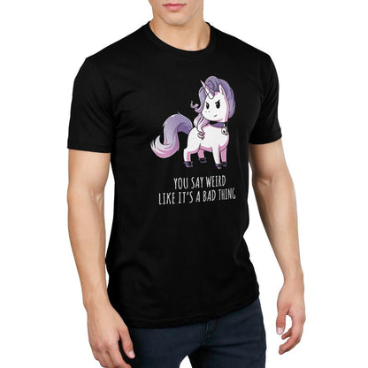 A black TeeTurtle Weird Is Good T-shirt with a unicorn on it.