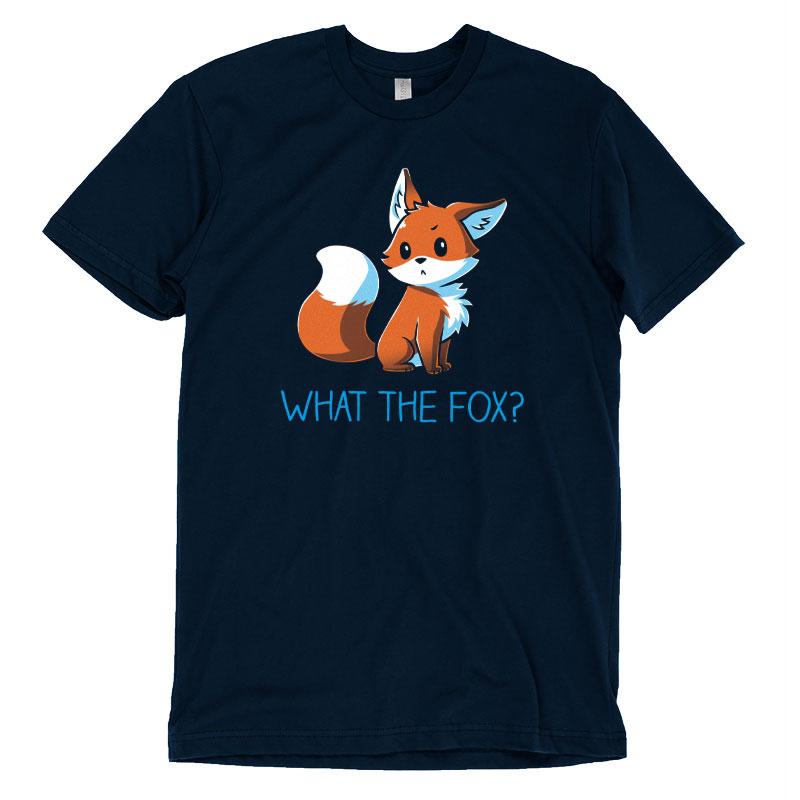 Premium Cotton T-shirt_TeeTurtle What the Fox? navy blue t-shirt featuring an adorable little fox looking quizzical posed above the pun 'What the Fox?'