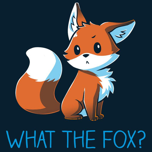 Premium Cotton T-shirt_TeeTurtle What the Fox? navy blue t-shirt featuring an adorable little fox looking quizzical posed above the pun 'What the Fox?'