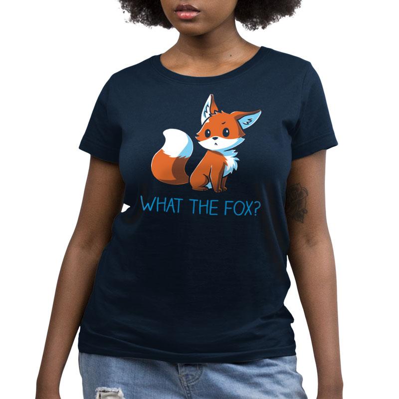 Premium Cotton T-shirt_TeeTurtle What the Fox? navy blue t-shirt featuring an adorable little fox looking quizzical posed above the pun 'What the Fox?'