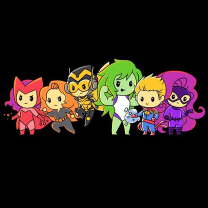 A group of dc comics characters standing in front of a black background, including Women of Marvel Shirt.