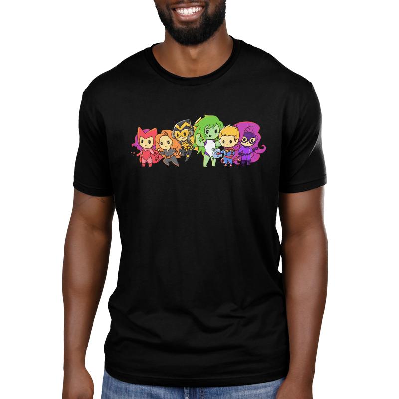 A Marvel officially licensed Women of Marvel Shirt with cartoon characters on it.