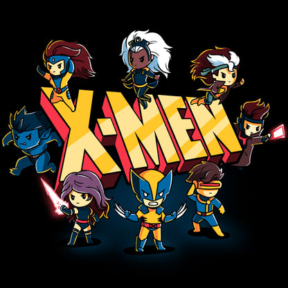 A group of X-Men characters wearing Marvel - Deadpool/X-Men shirts on a black background.
